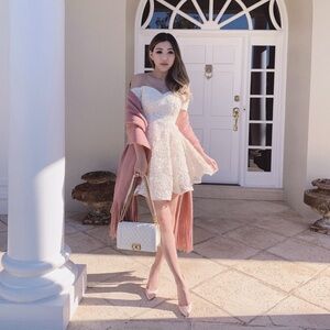 Cream and white off the shoulder lace dress